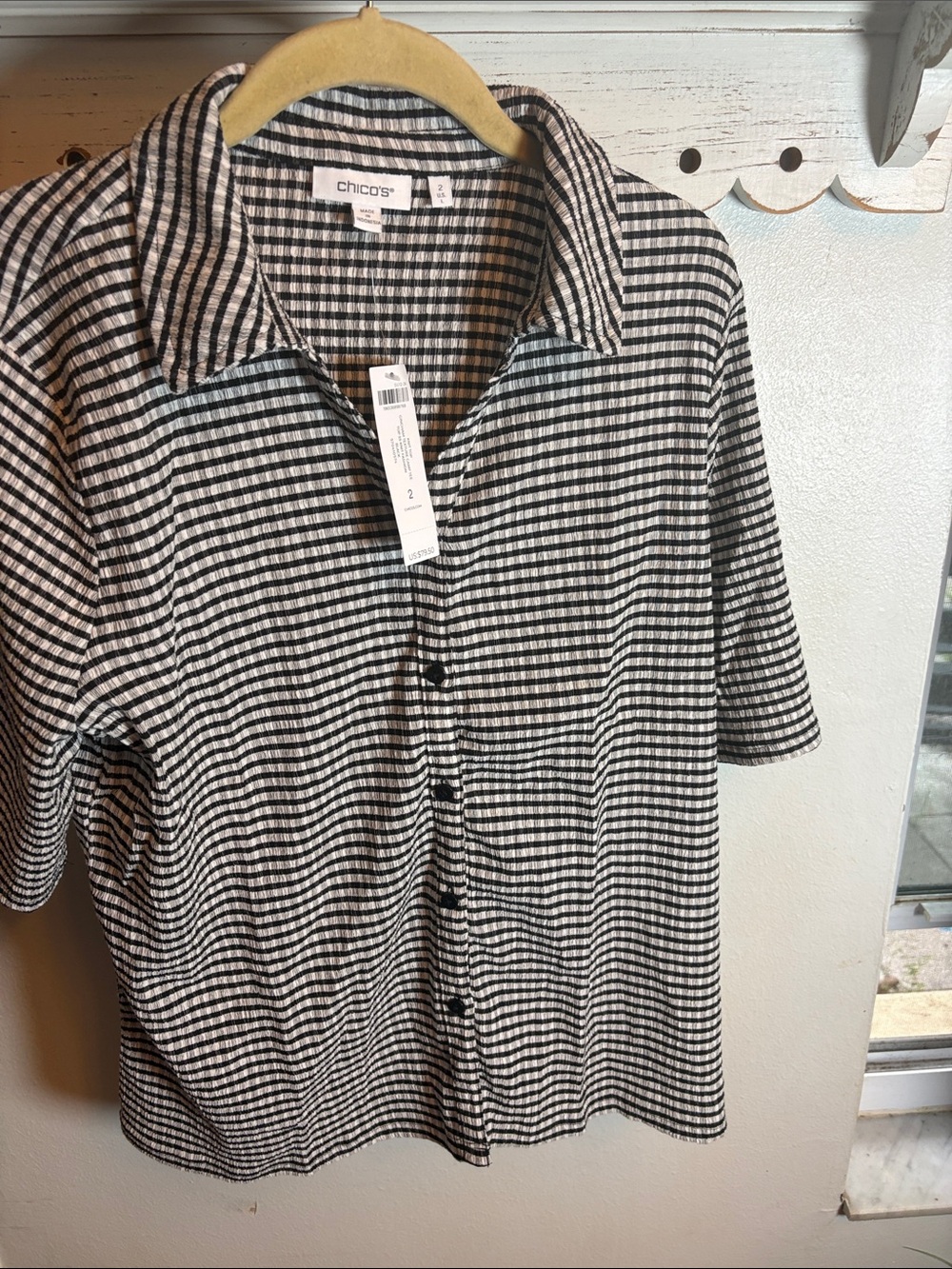 Chico's Black and White Gingham Short-Sleeve Button-Down Shirt